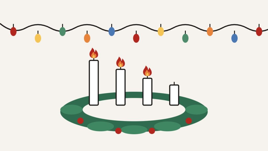 Ilustracija: adventski vjenčić sa svijećama i božićne lampice